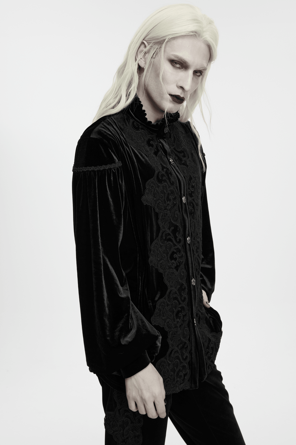 Men's Gothic Velvet Shirt with Embroidery and Ruffles