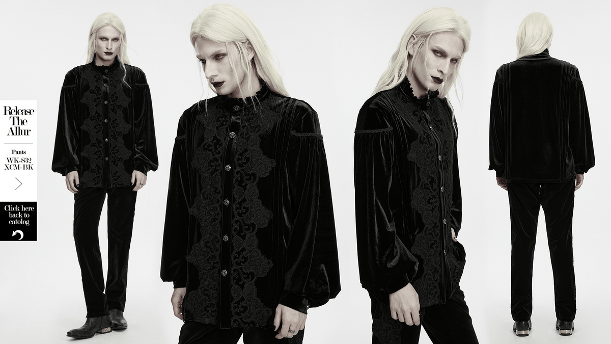 Men's Gothic Velvet Shirt with Embroidery and Ruffles