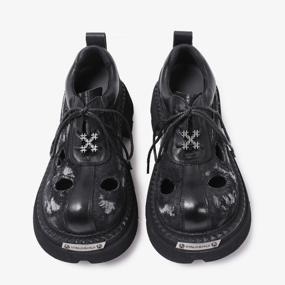 Men's Grunge Distressed Denim Derby Shoes with Cutout Detail