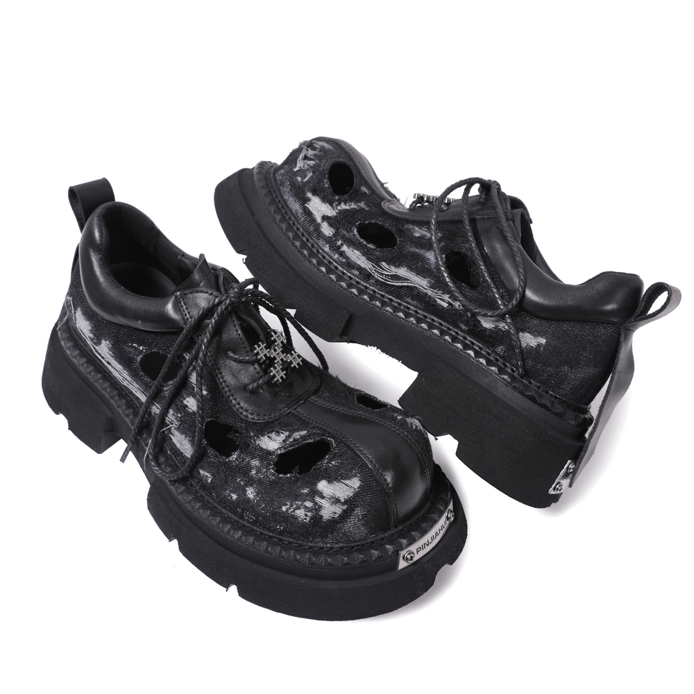 Men's Grunge Distressed Denim Derby Shoes with Cutout Detail