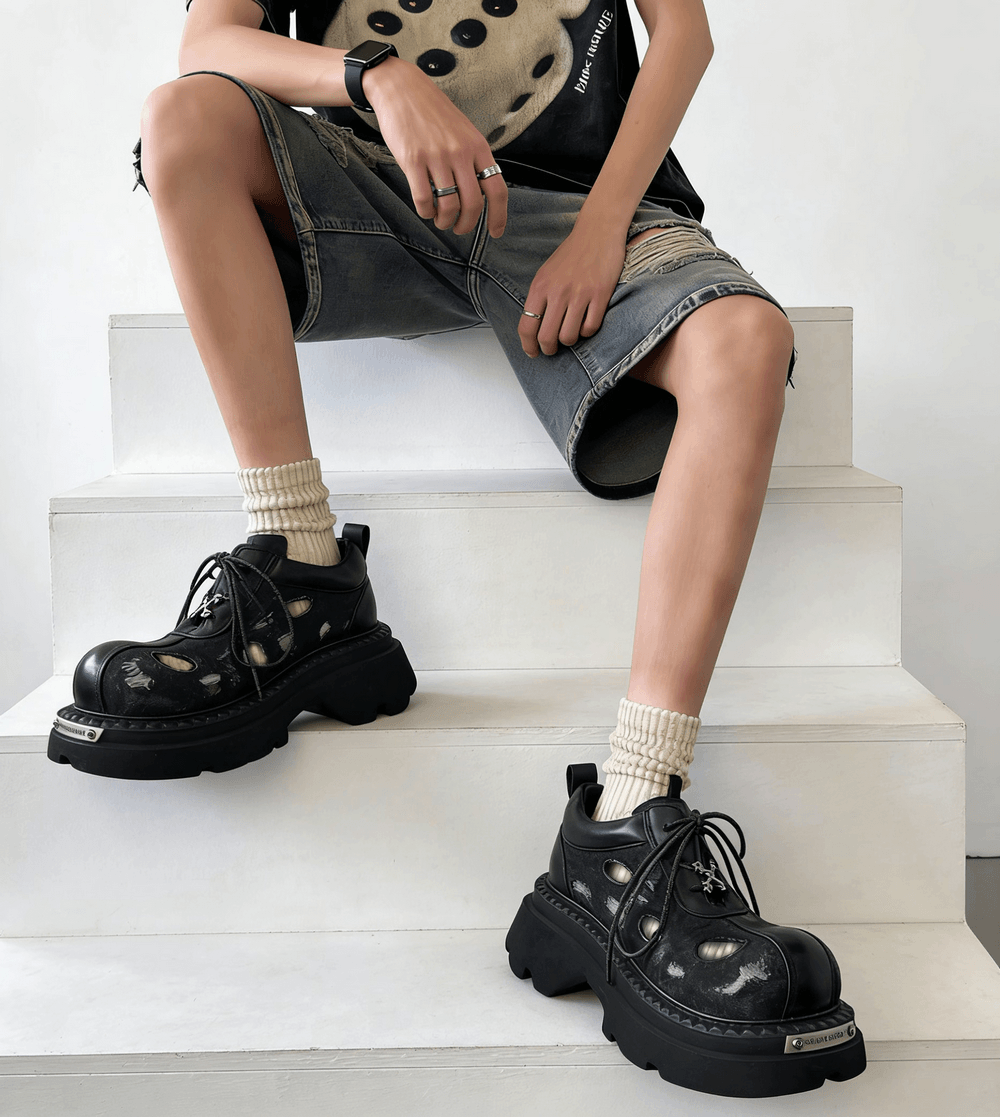 Men's Grunge Distressed Denim Derby Shoes with Cutout Detail