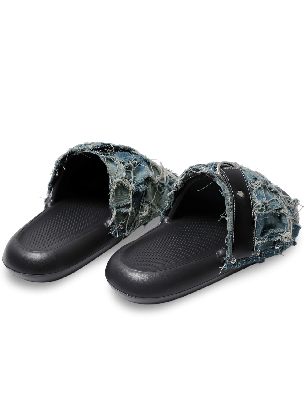 Men's Grunge Shredded Denim Strap Slide Sandals with Ring