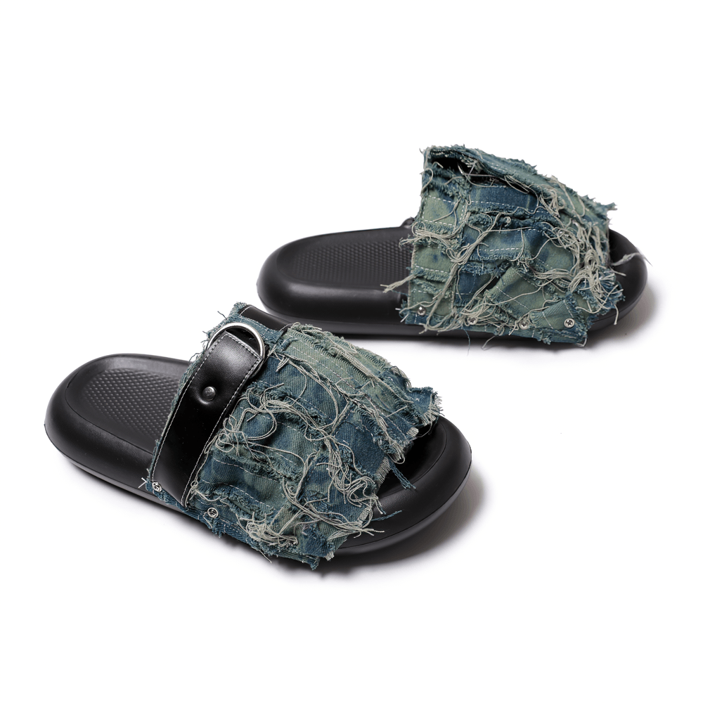 Men's Grunge Shredded Denim Strap Slide Sandals with Ring