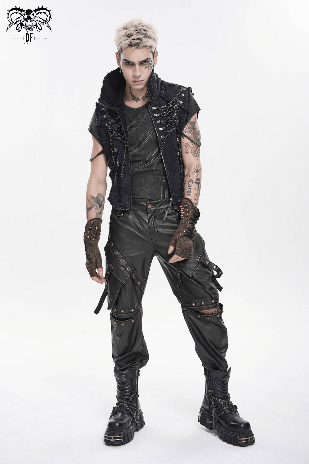 Men's High Collar Vest with Chains and Side Strap Cutouts