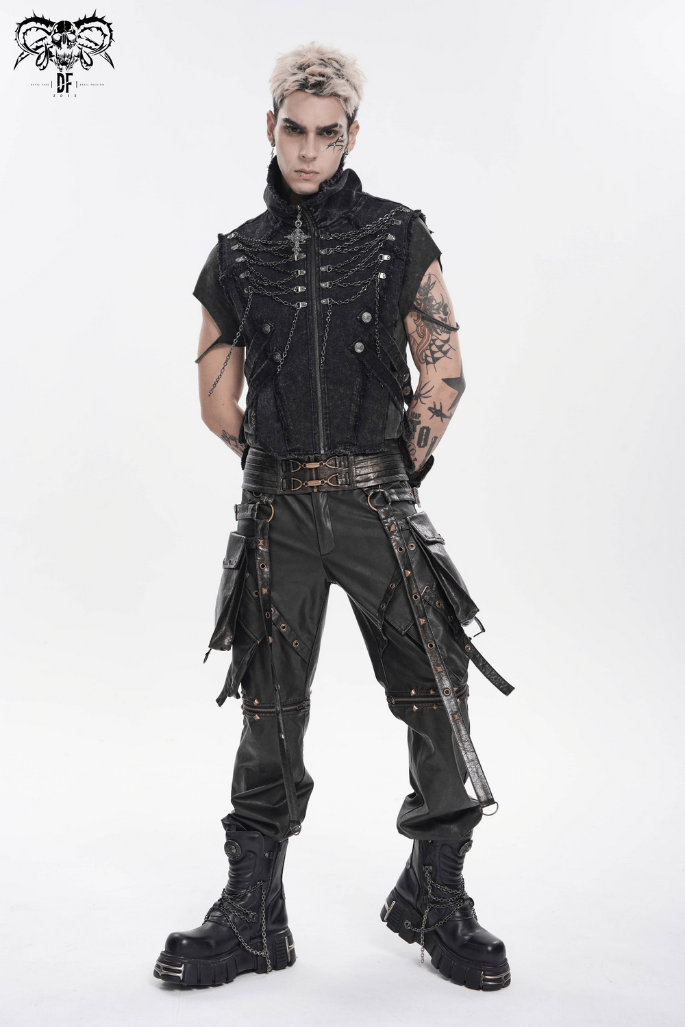 Men's High Collar Vest with Chains and Side Strap Cutouts