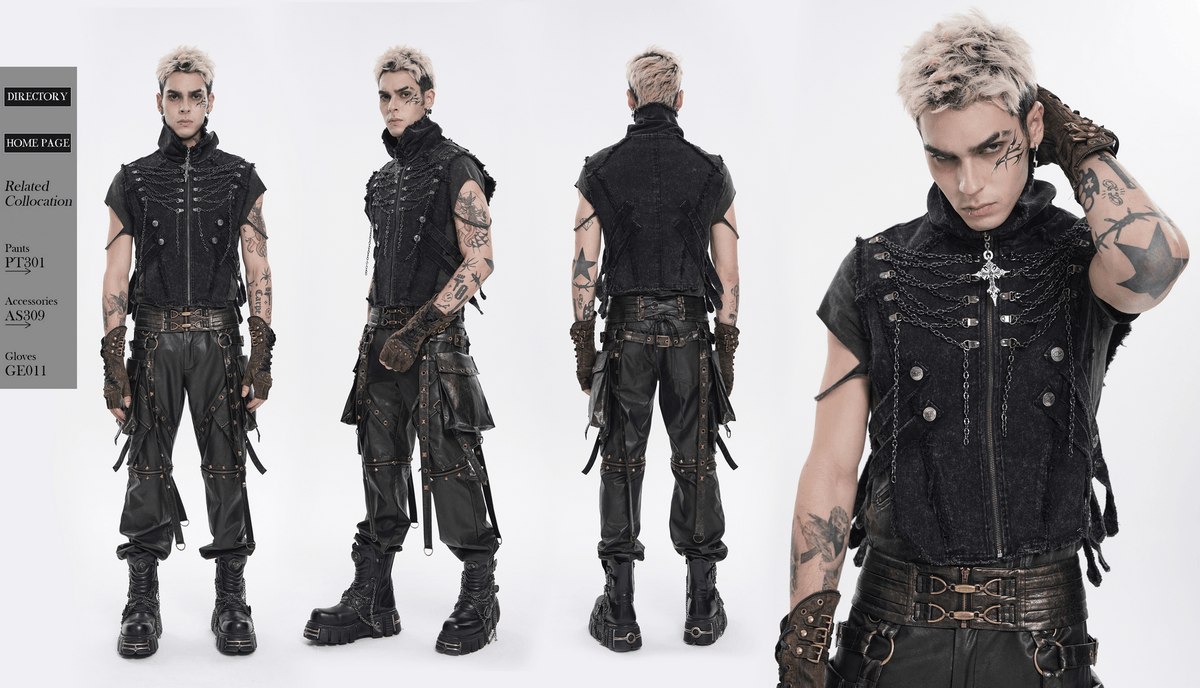 Men's High Collar Vest with Chains and Side Strap Cutouts