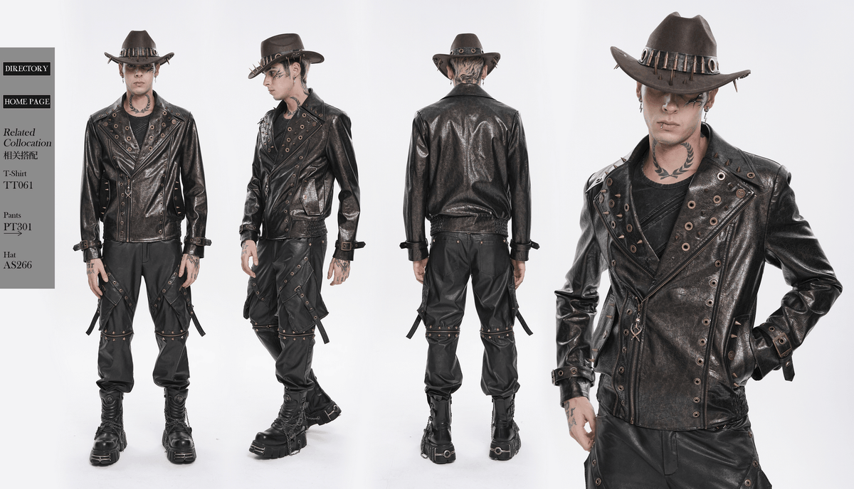 Men's Punk Biker Jacket with Studs and Zipper Trim
