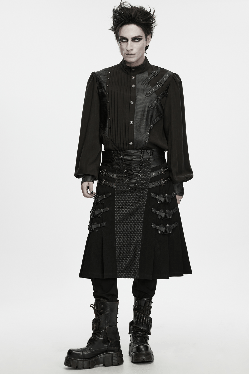 Men's Punk Kilt Skirt with Faux Leather and Mesh Panels