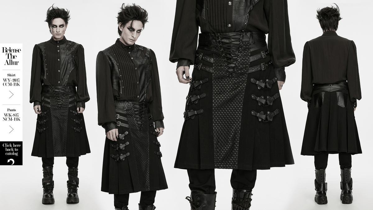 Men's Punk Kilt Skirt with Faux Leather and Mesh Panels