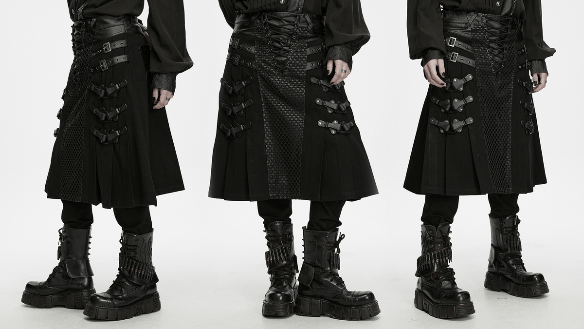 Men's Punk Kilt Skirt with Faux Leather and Mesh Panels