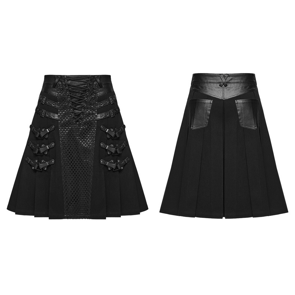 Men's Punk Kilt Skirt with Faux Leather and Mesh Panels