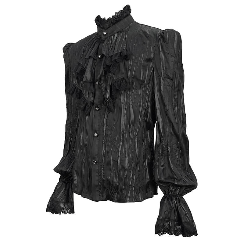 US SALE of Gothic Puff Sleeved Ruffled Shirt / Black Shirt with Buttons and Removable Сhains
