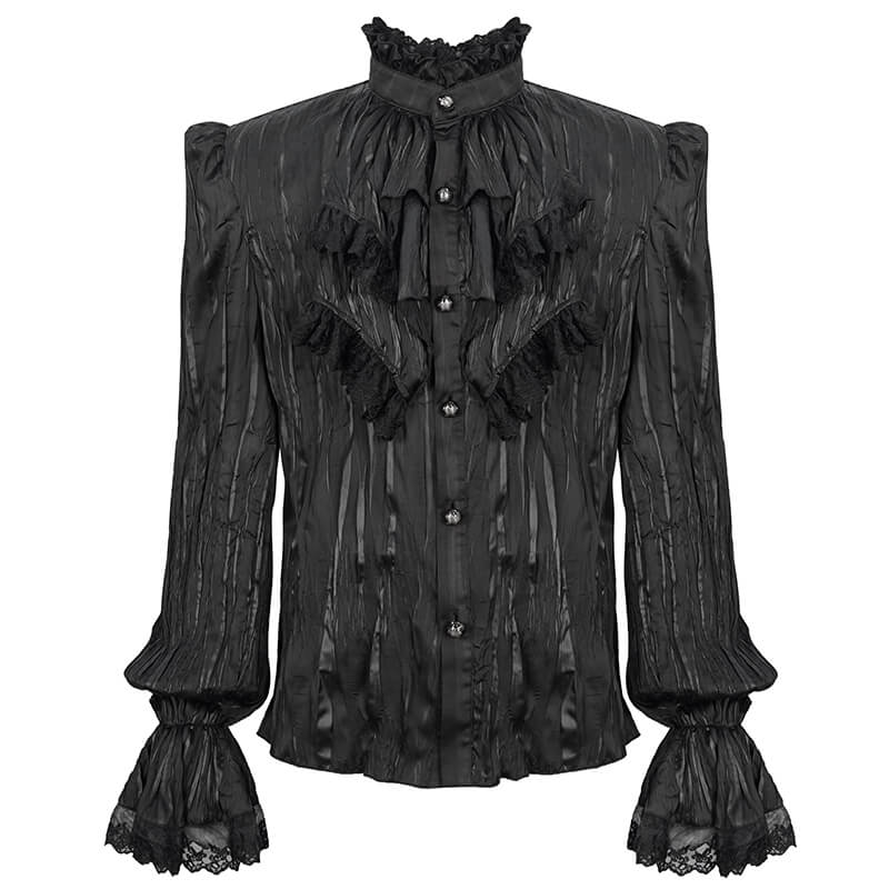US SALE of Gothic Puff Sleeved Ruffled Shirt / Black Shirt with Buttons and Removable Сhains