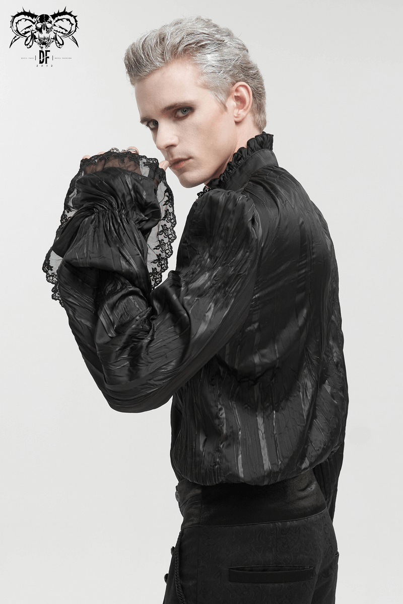 US SALE of Gothic Puff Sleeved Ruffled Shirt / Black Shirt with Buttons and Removable Сhains