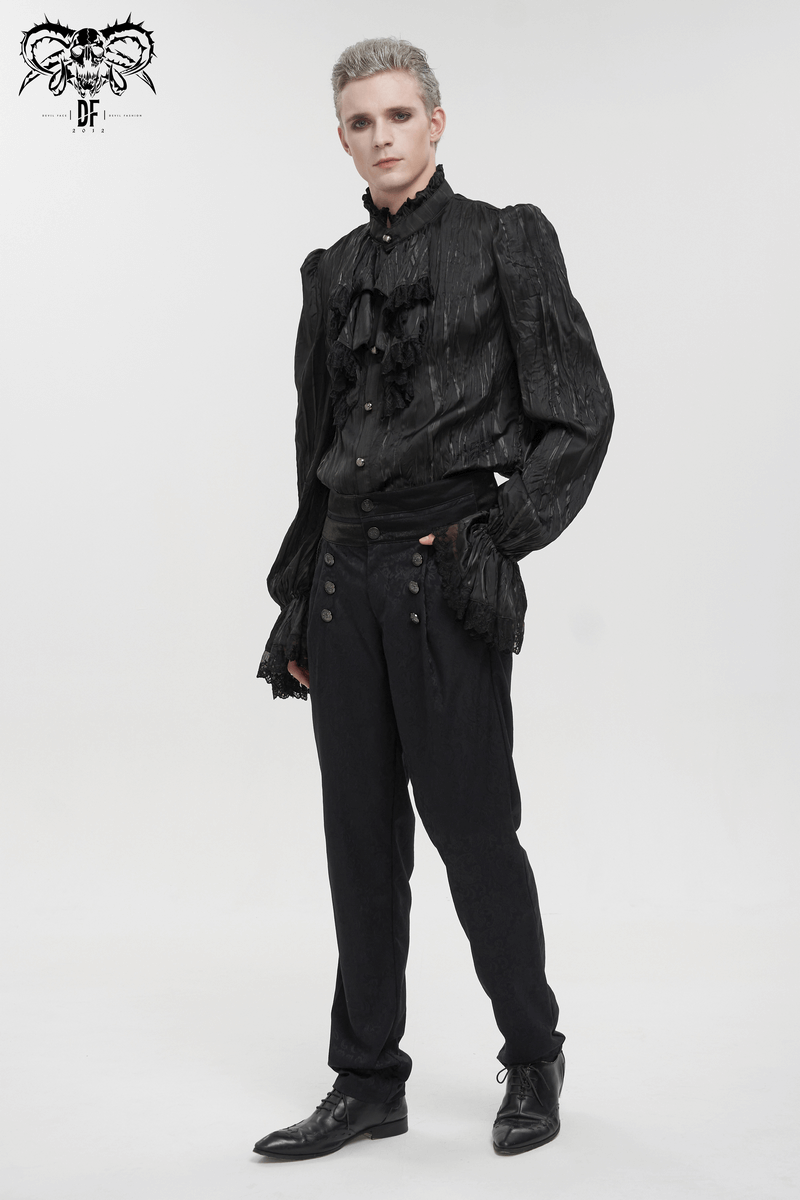 US SALE of Gothic Puff Sleeved Ruffled Shirt / Black Shirt with Buttons and Removable Сhains