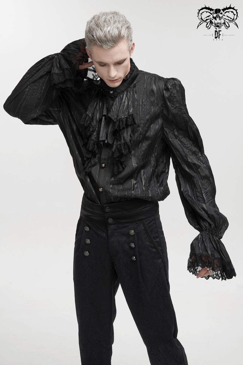 US SALE of Gothic Puff Sleeved Ruffled Shirt / Black Shirt with Buttons and Removable Сhains