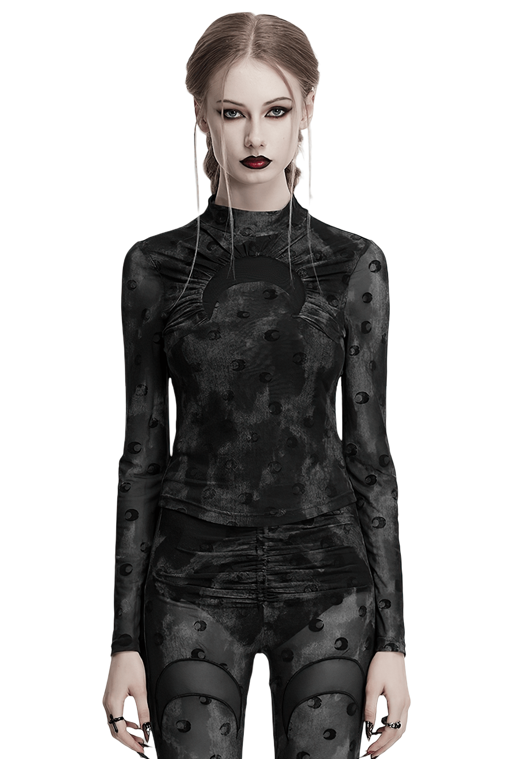 Mesh Crescent Print Long Sleeve Top with High Collar