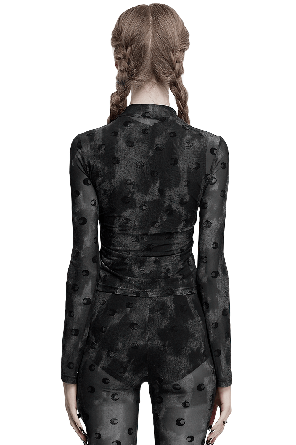 Mesh Crescent Print Long Sleeve Top with High Collar