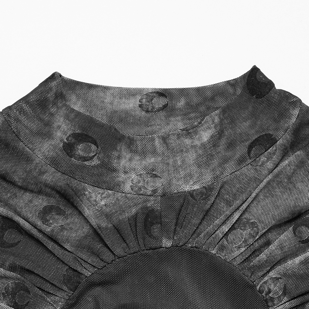 Mesh Crescent Print Long Sleeve Top with High Collar