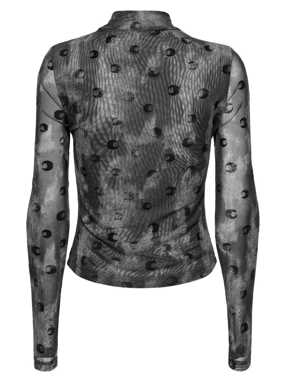 Mesh Crescent Print Long Sleeve Top with High Collar