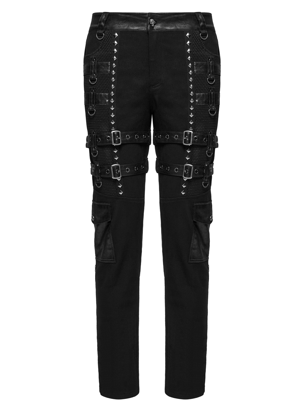 Metal Punk Stretch Pants with Studded Straps and Buckles