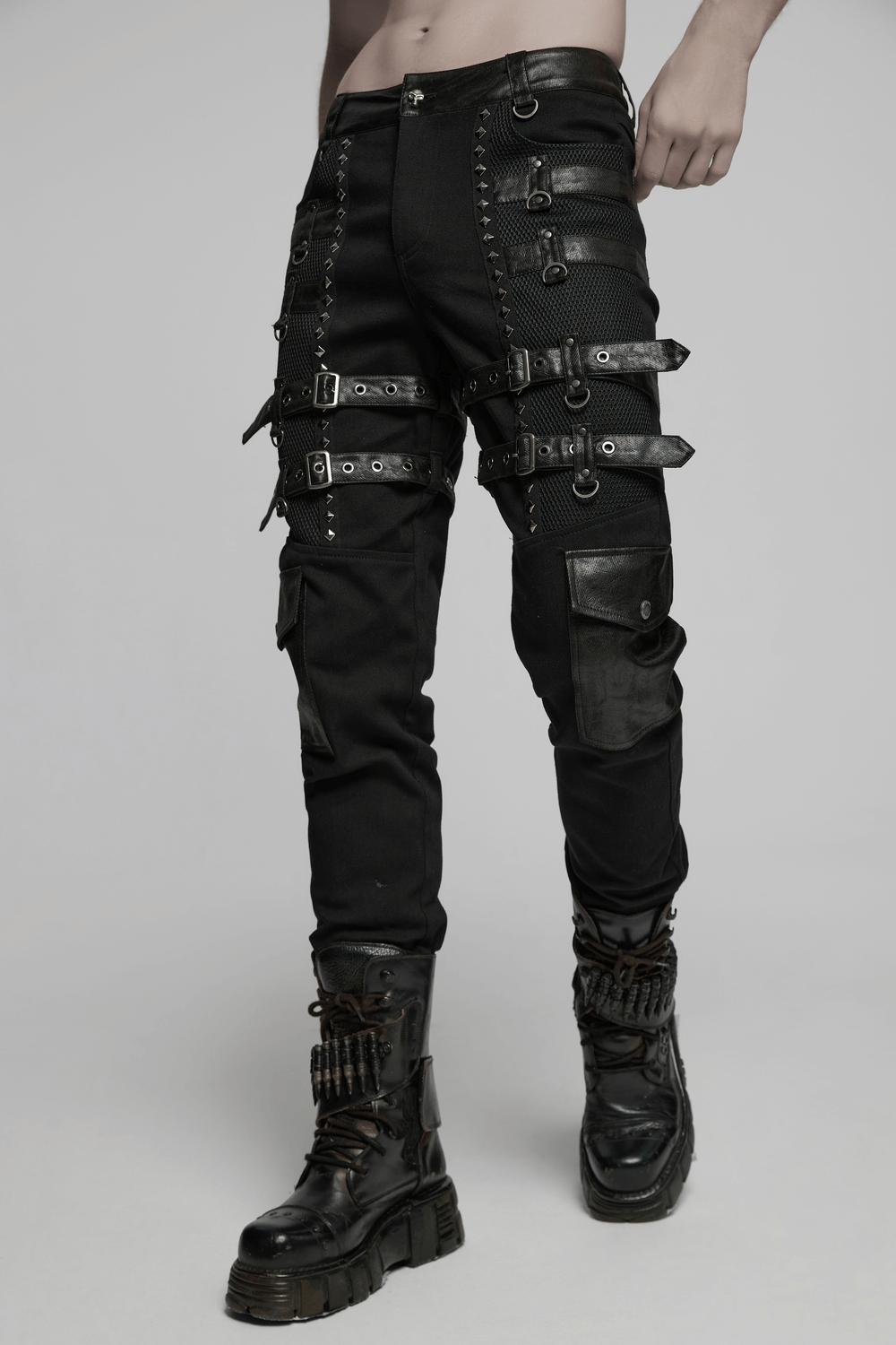 Metal Punk Stretch Pants with Studded Straps and Buckles