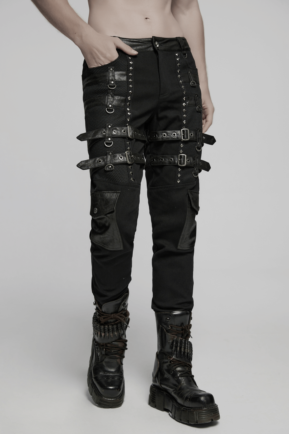 Metal Punk Stretch Pants with Studded Straps and Buckles