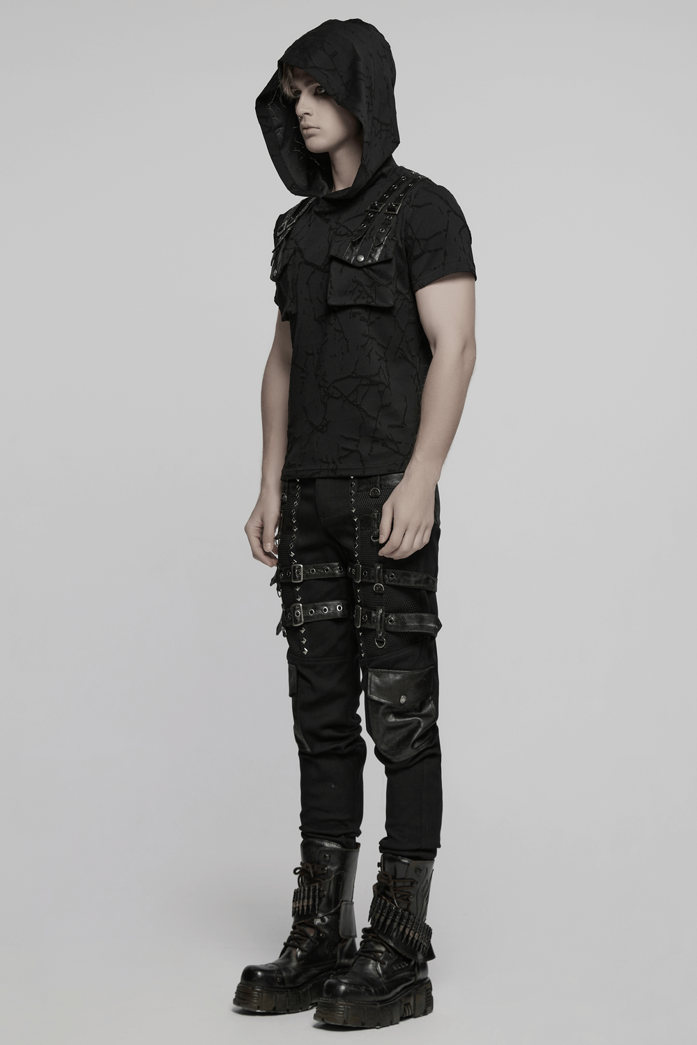 Metal Punk Stretch Pants with Studded Straps and Buckles
