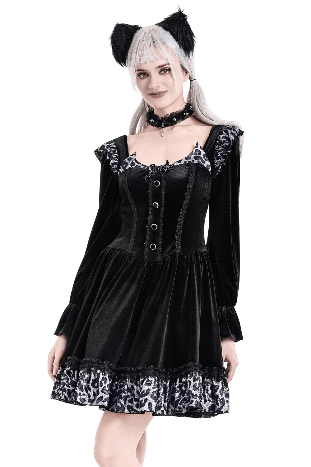 Mini Dress with Leopard Print Ruffles and Flared Sleeves