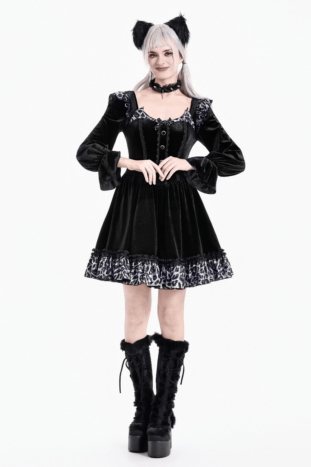 Mini Dress with Leopard Print Ruffles and Flared Sleeves