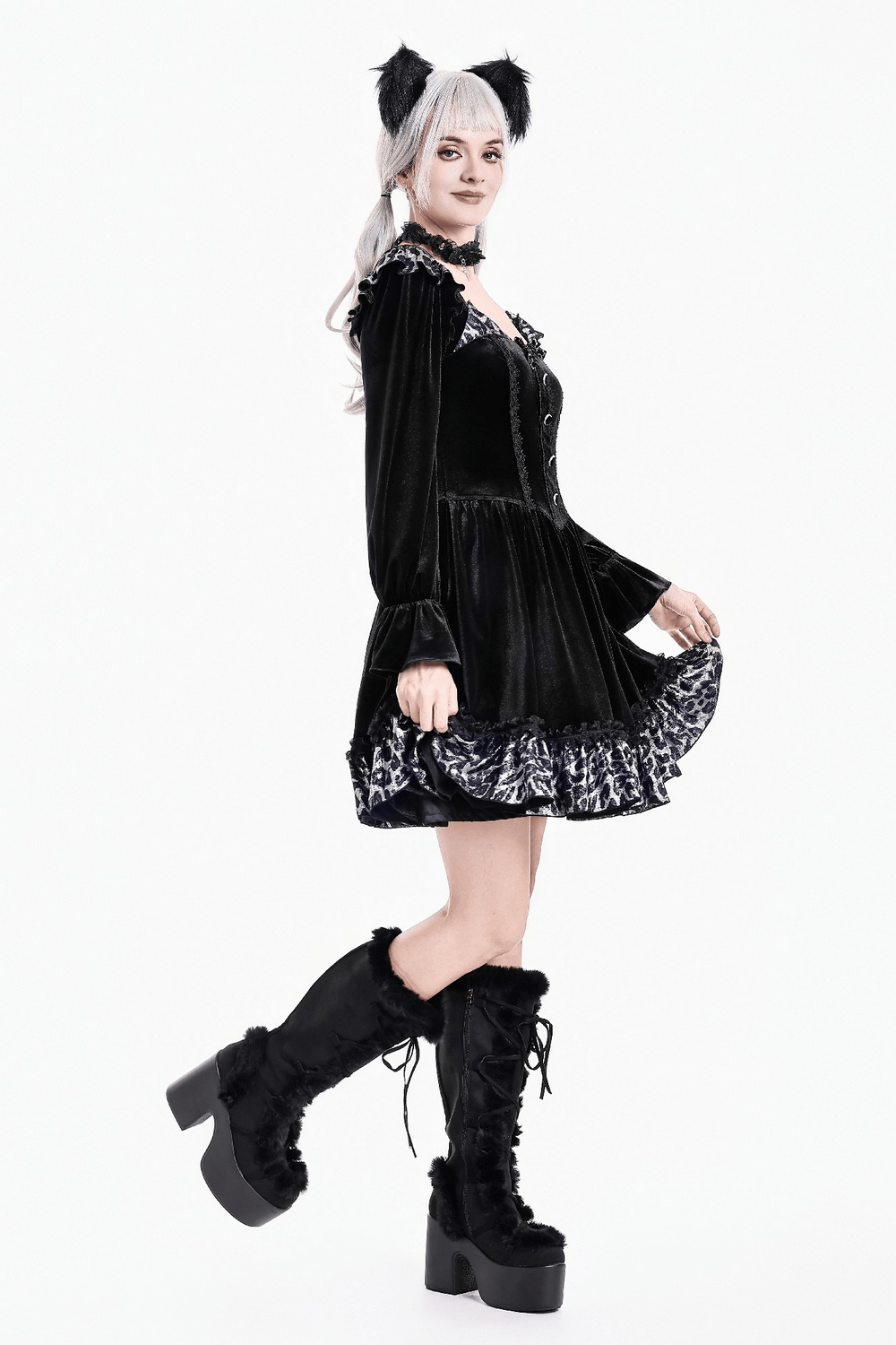 Mini Dress with Leopard Print Ruffles and Flared Sleeves