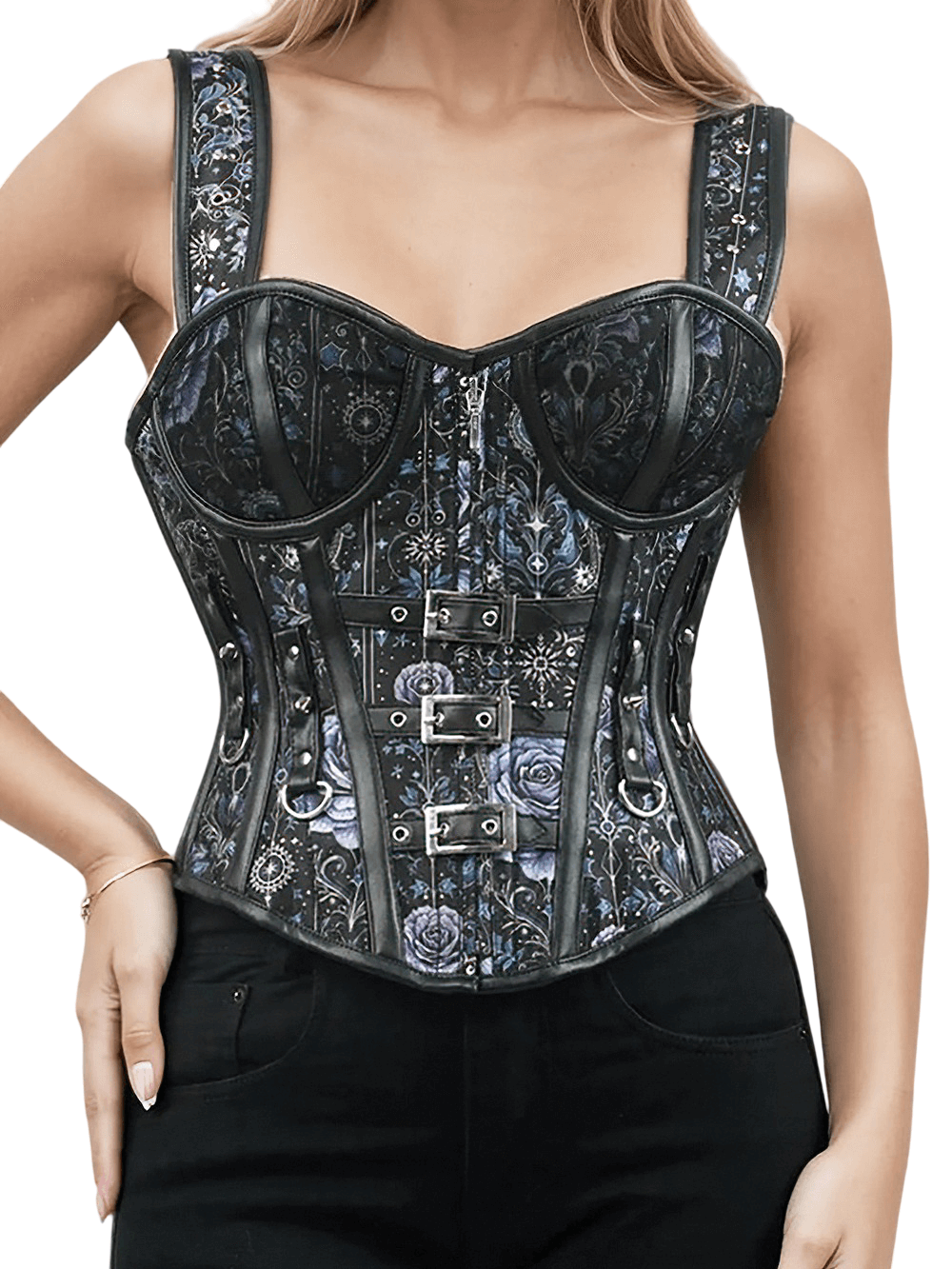 Mystical Floral Gothic Corset with Buckle Straps