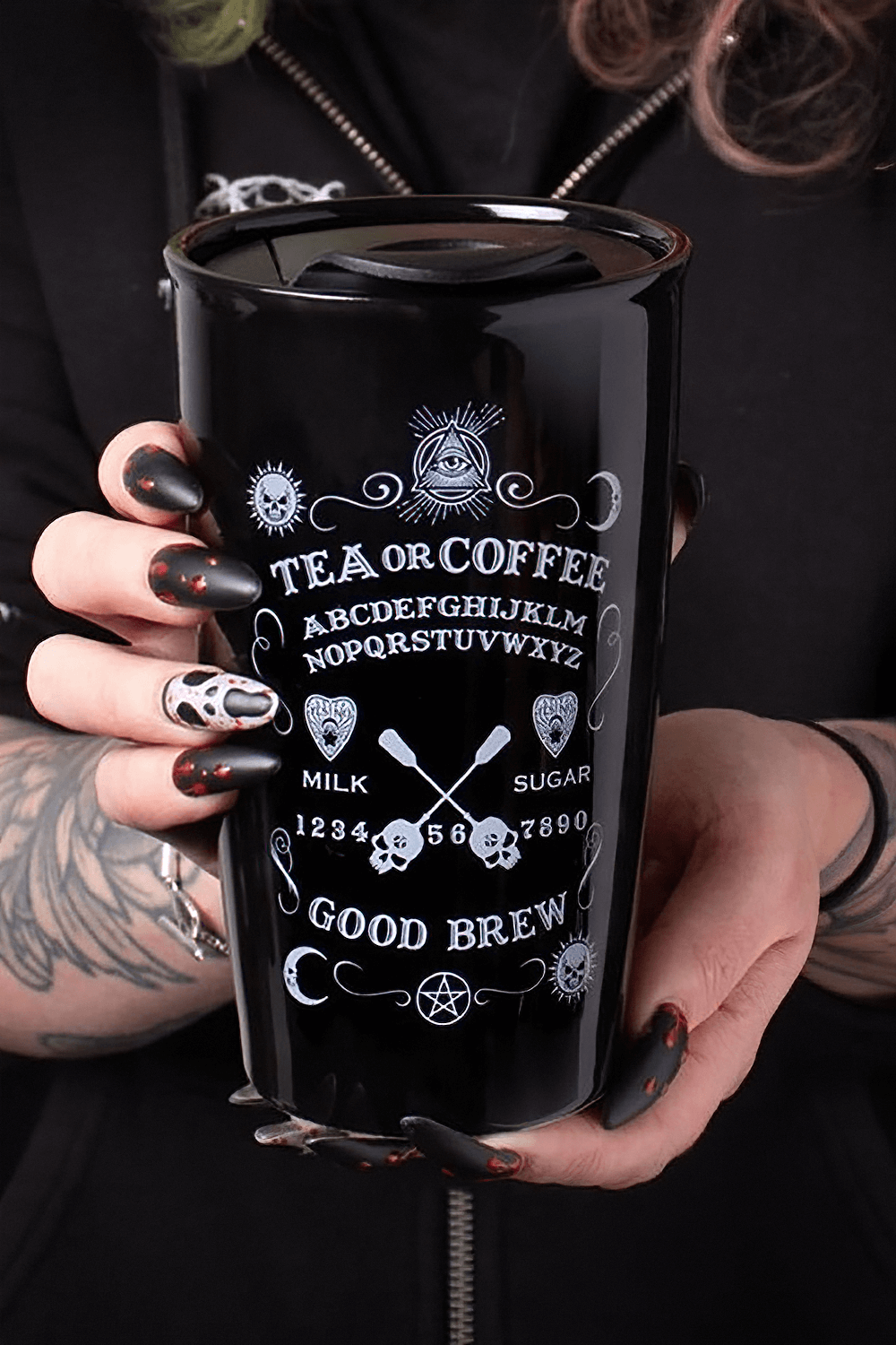 Mystical Travel Mug with Occult Design with Skulls