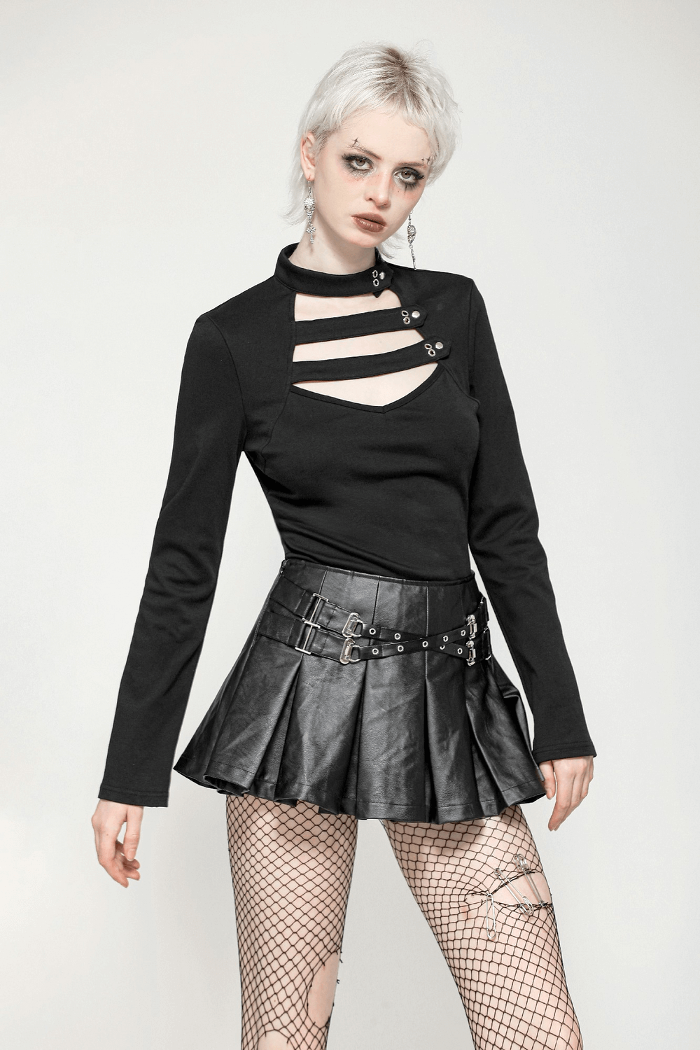 Neck Cutout Long Sleeved Gothic Top with Button Detail