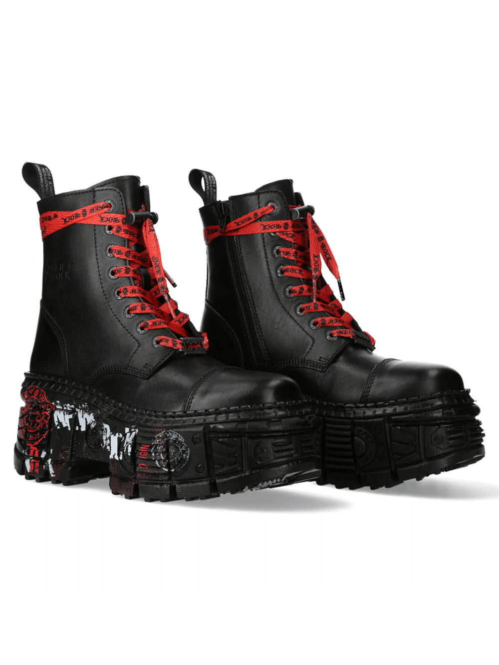 NEW ROCK Men's Black Platform Gothic Ankle Boots with Red Laces
