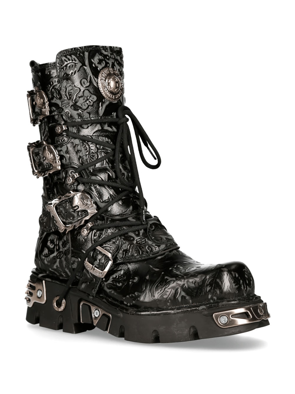 NEW ROCK Men's Embossed Black Gothic Boot with Buckle Detail