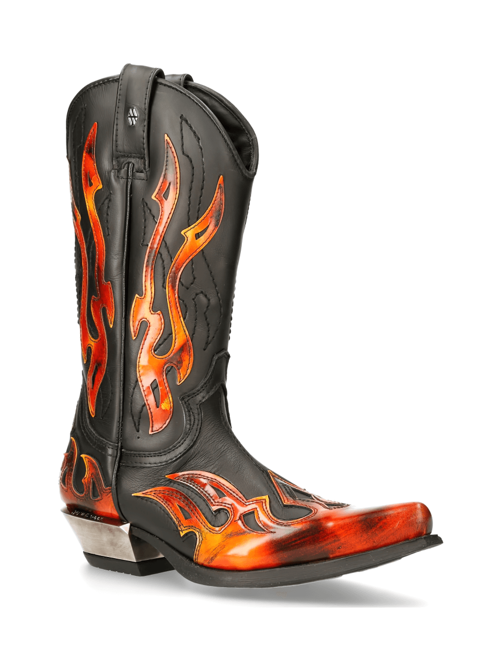 NEW ROCK Men's Flame-Adorned Black Western Leather Boots