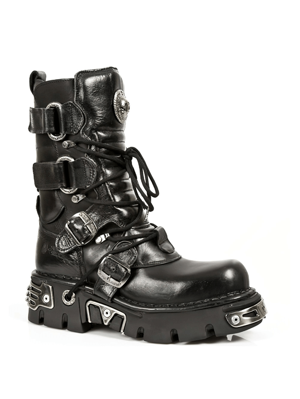 NEW ROCK Men's Gothic Black Leather Boots with Metal Accents