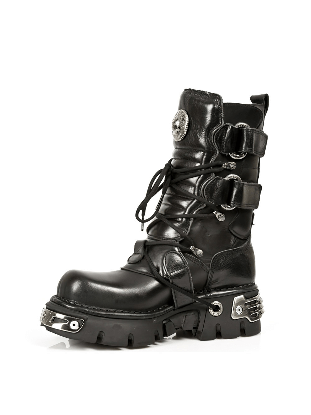 NEW ROCK Men's Gothic Black Leather Boots with Metal Accents