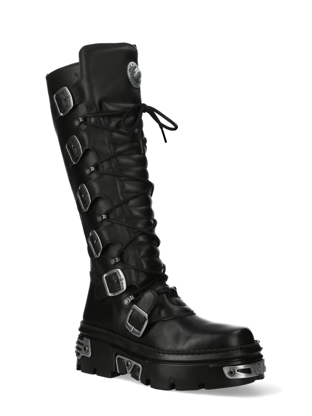 NEW ROCK Men's Gothic Buckle Knee-High Boots with Metallic Accents