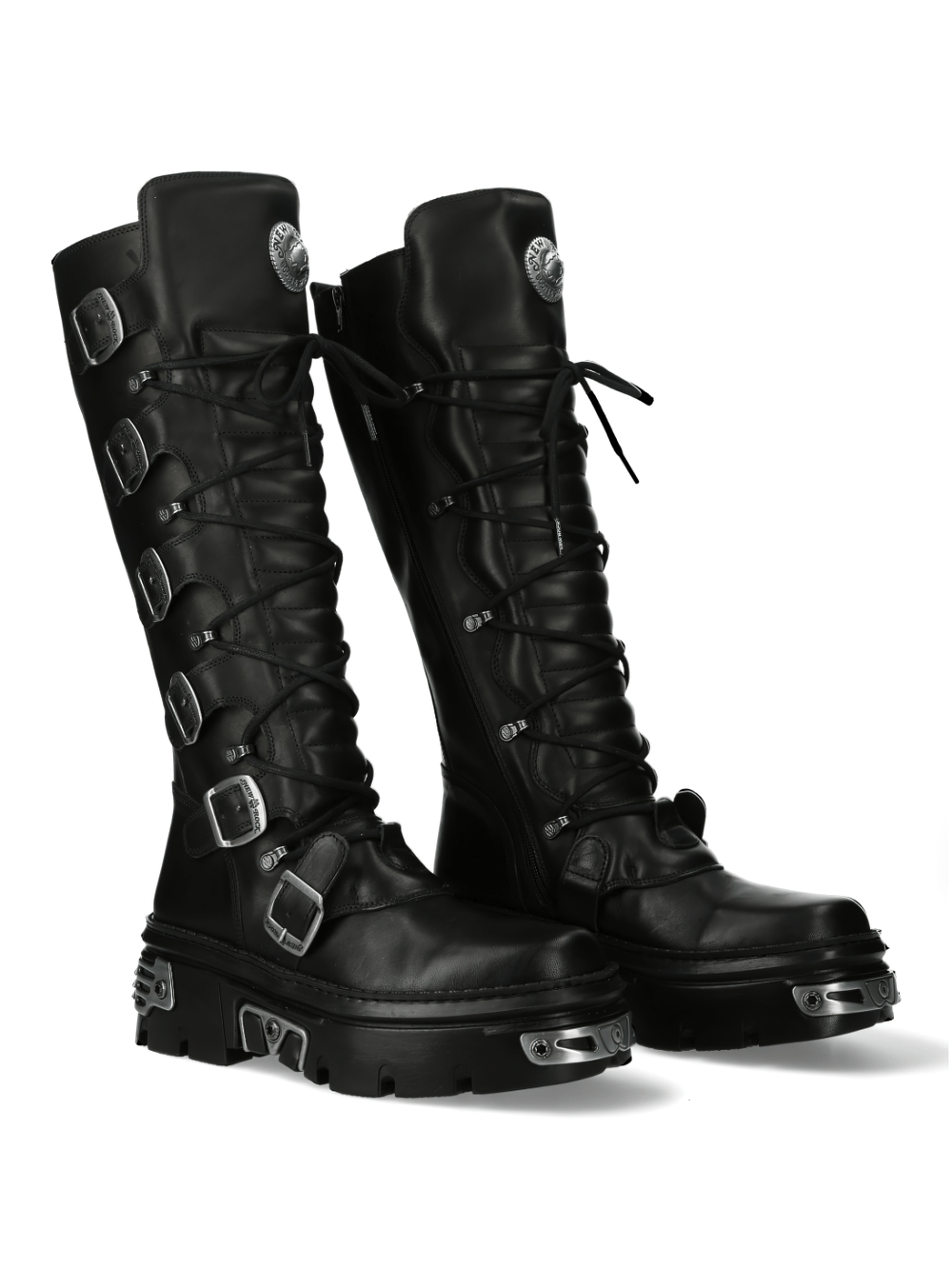 NEW ROCK Men's Gothic Buckle Knee-High Boots with Metallic Accents
