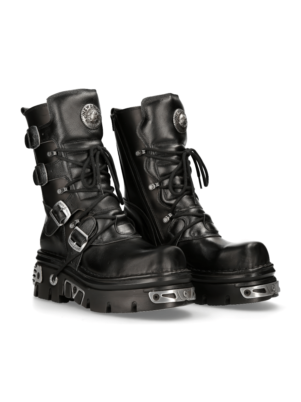 NEW ROCK Men's Gothic Rocker Buckled Lace-Up Black Boots