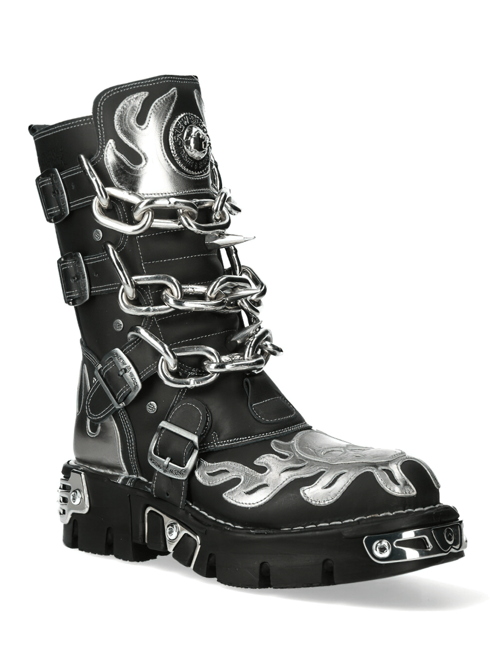 NEW ROCK Men's Leather Boots with Silver Flame and Chain Details