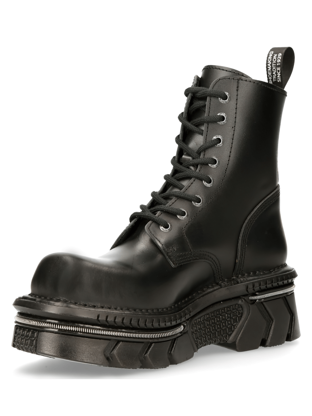 NEW ROCK Men's Black Cow Leather Military Lace-Up Boots