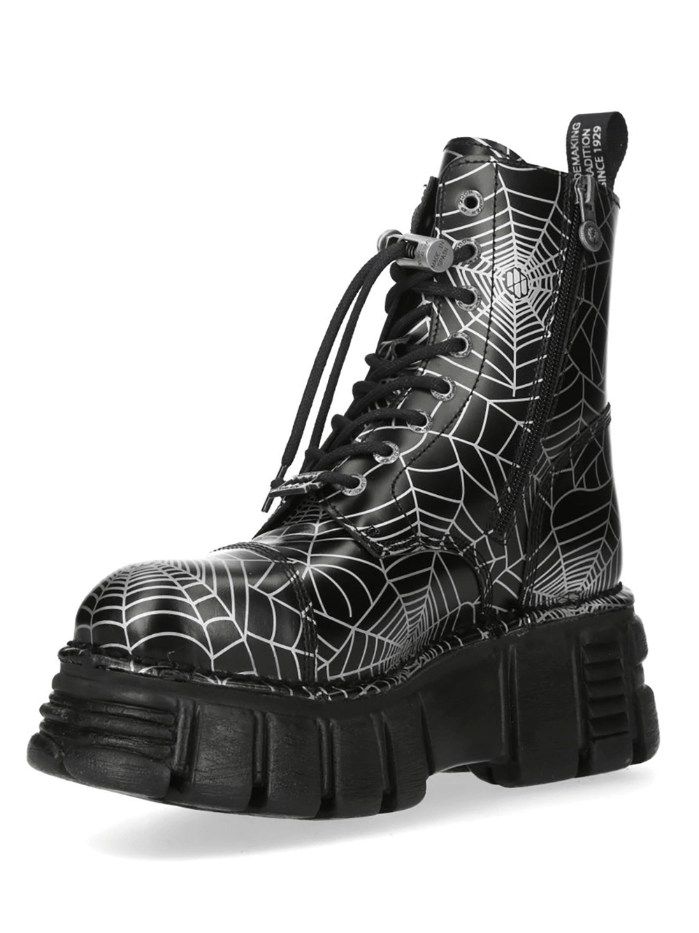 NEW ROCK Women's Black Platform Boots with White Spiderweb