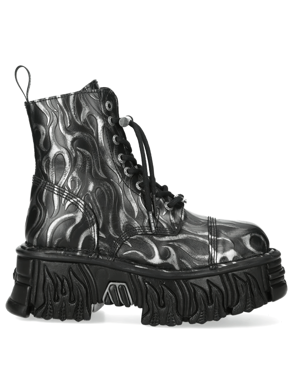 NEW ROCK Women's Black Silver Flame Boots with Lace Up Front