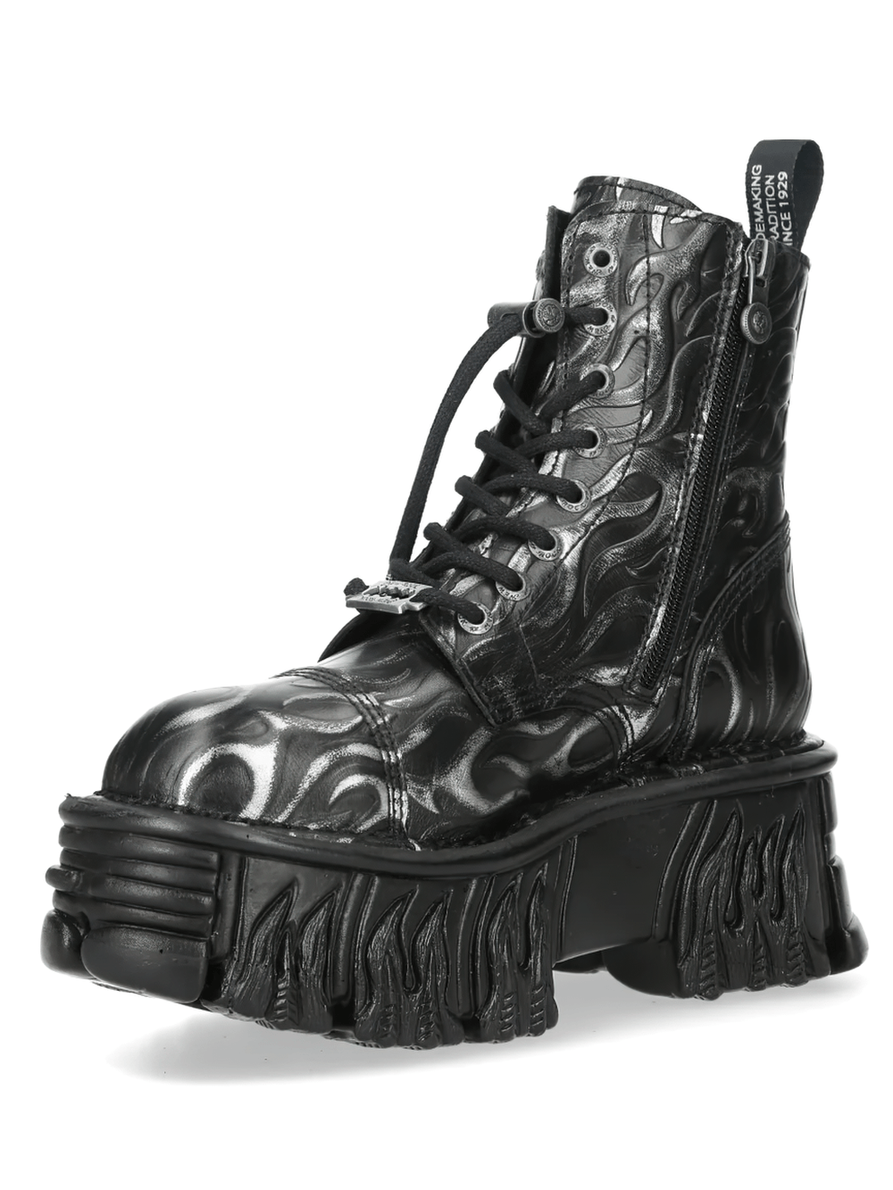 NEW ROCK Women's Black Silver Flame Boots with Lace Up Front