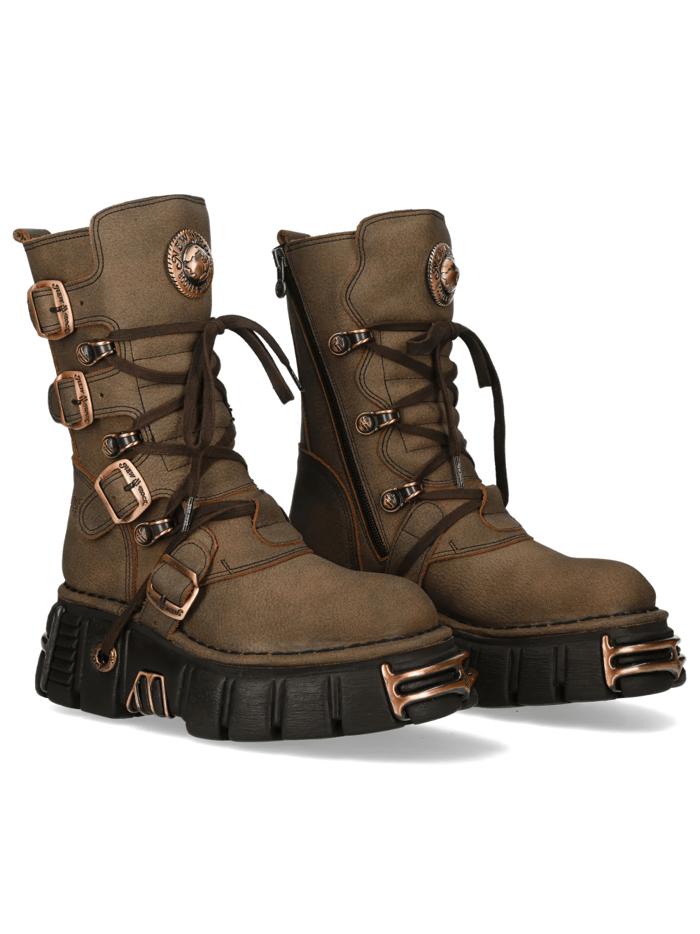 NEW ROCK Women's Brown Boots with Buckles and Laces
