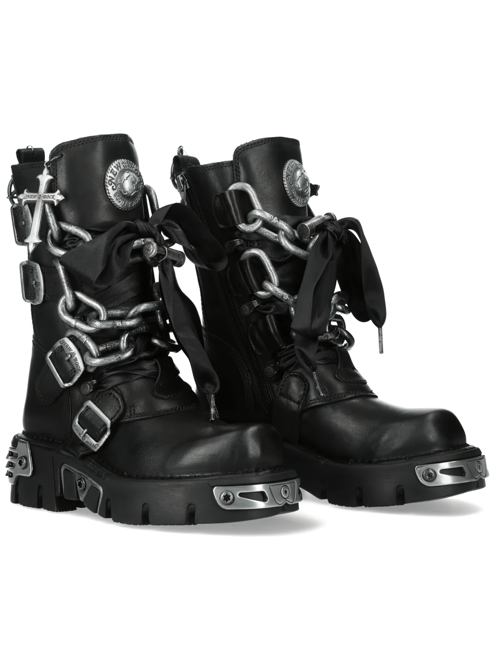 NEW ROCK Women's Chain Boots with Buckles and Tread Sole