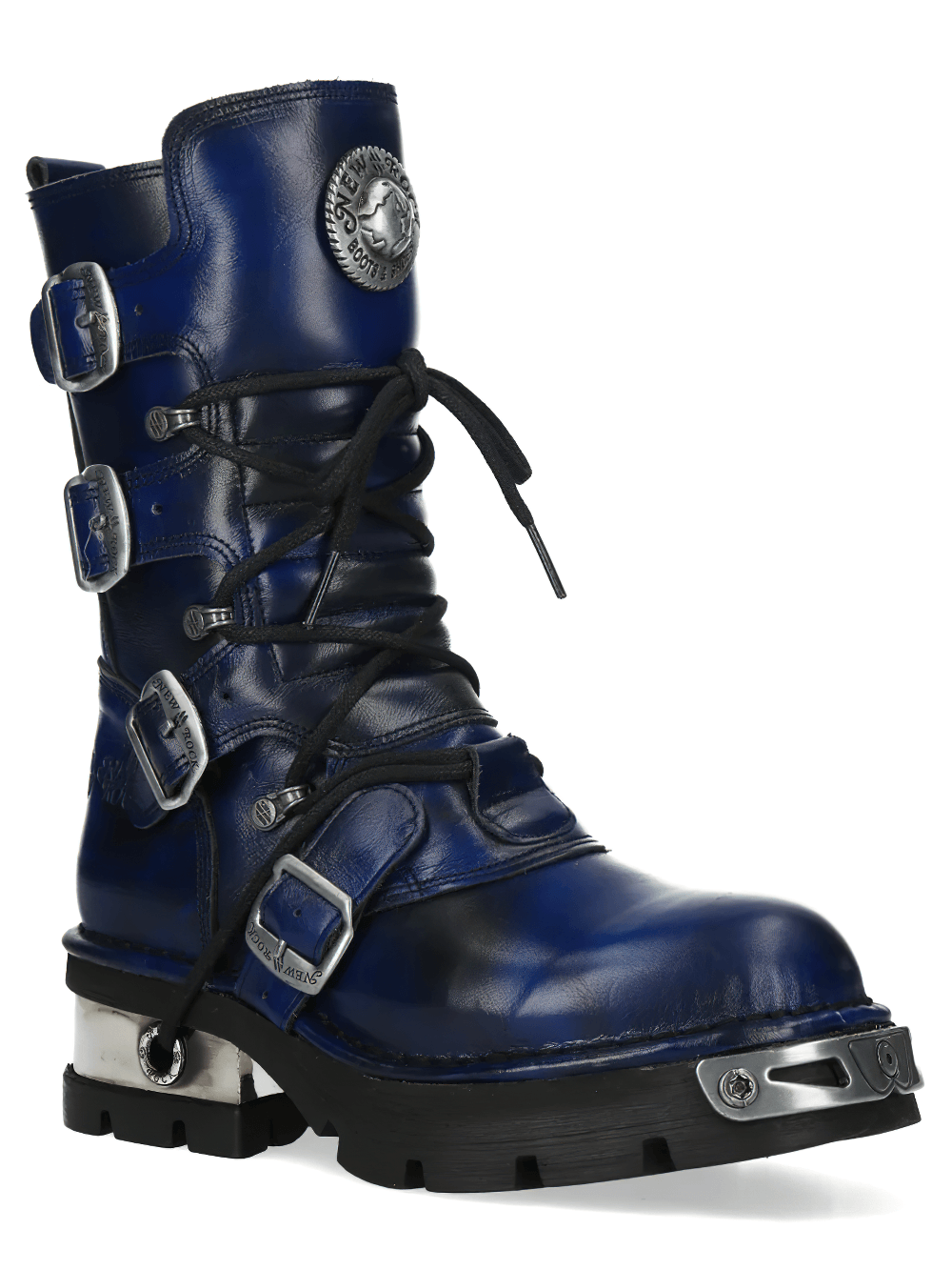 NEW ROCK Women's Navy Boots with Buckles and Chunky Soles